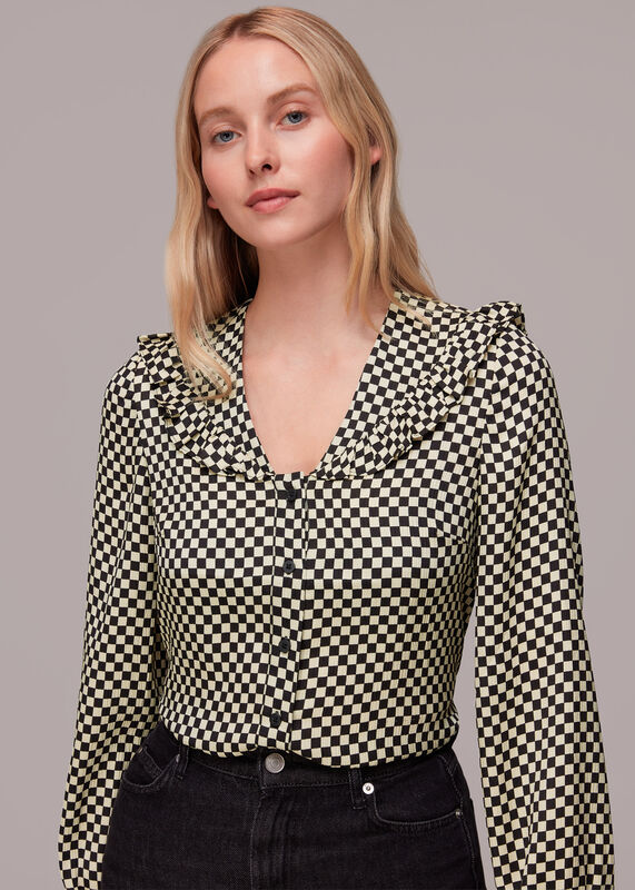 Black Checkerboard Collar Detail Top