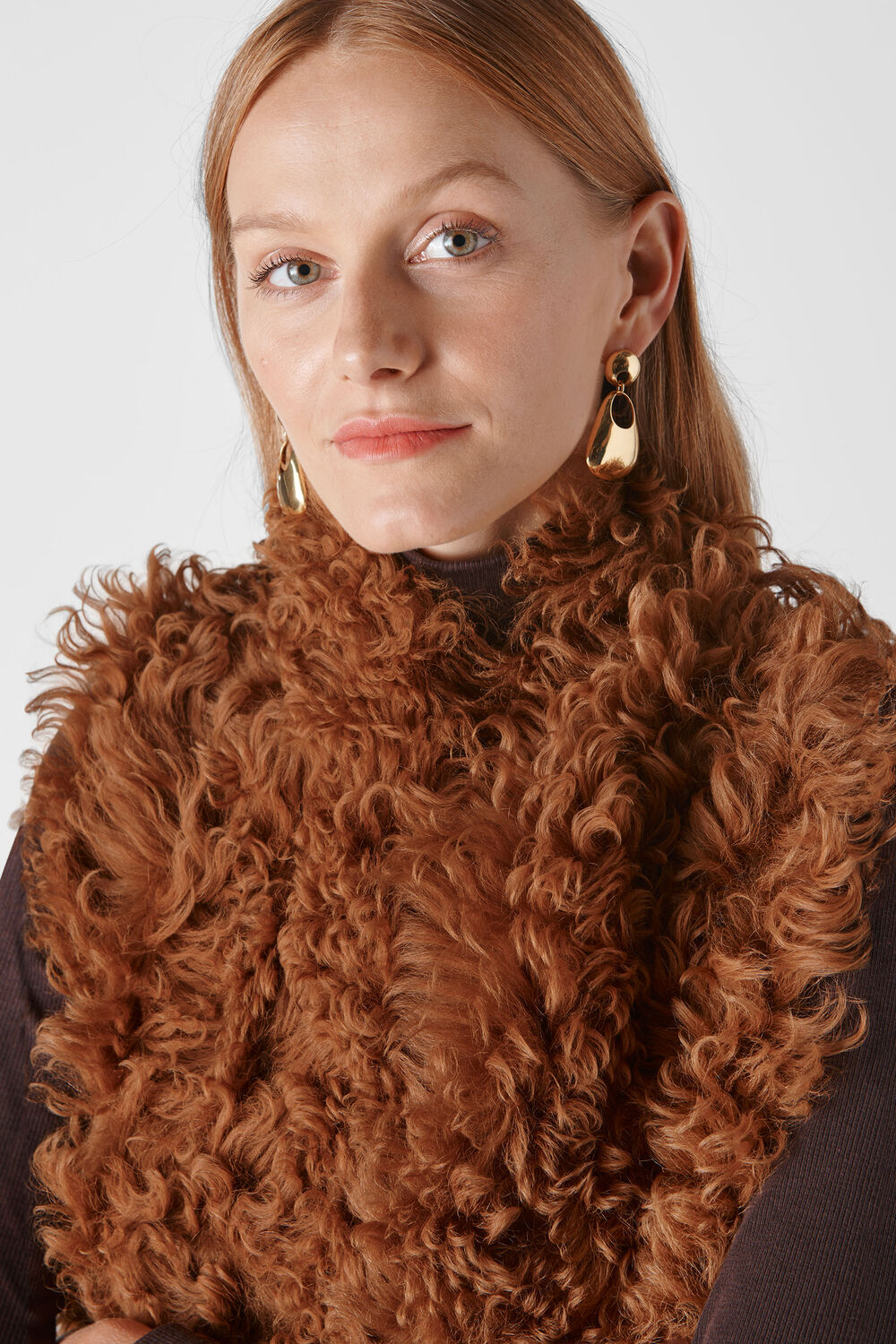Longline Curly Sheepskin Gilet Tan