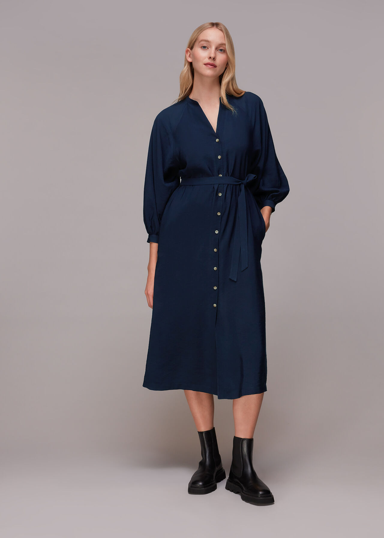 Navy Lizzie Midi Dress | WHISTLES | Whistles UK