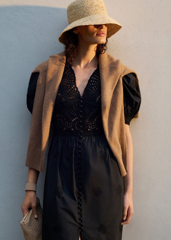Black Cotton Broderie V Neck Dress