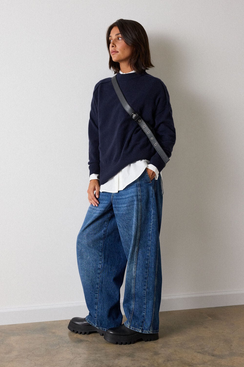 Navy Cashmere Seam Detail Crew Knit