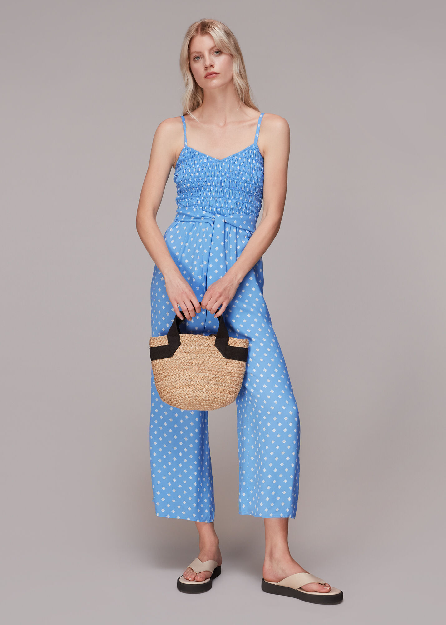 Blue/Multi Rounded Leaf Shirred Jumpsuit WHISTLES Whistles