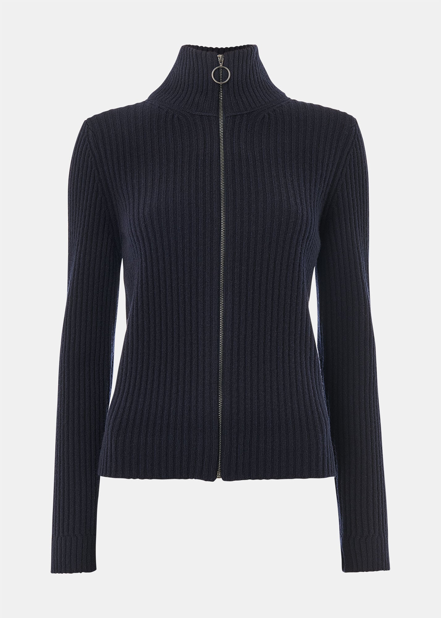 Navy Wool Zip Front Rib Cardigan | WHISTLES | Whistles UK |