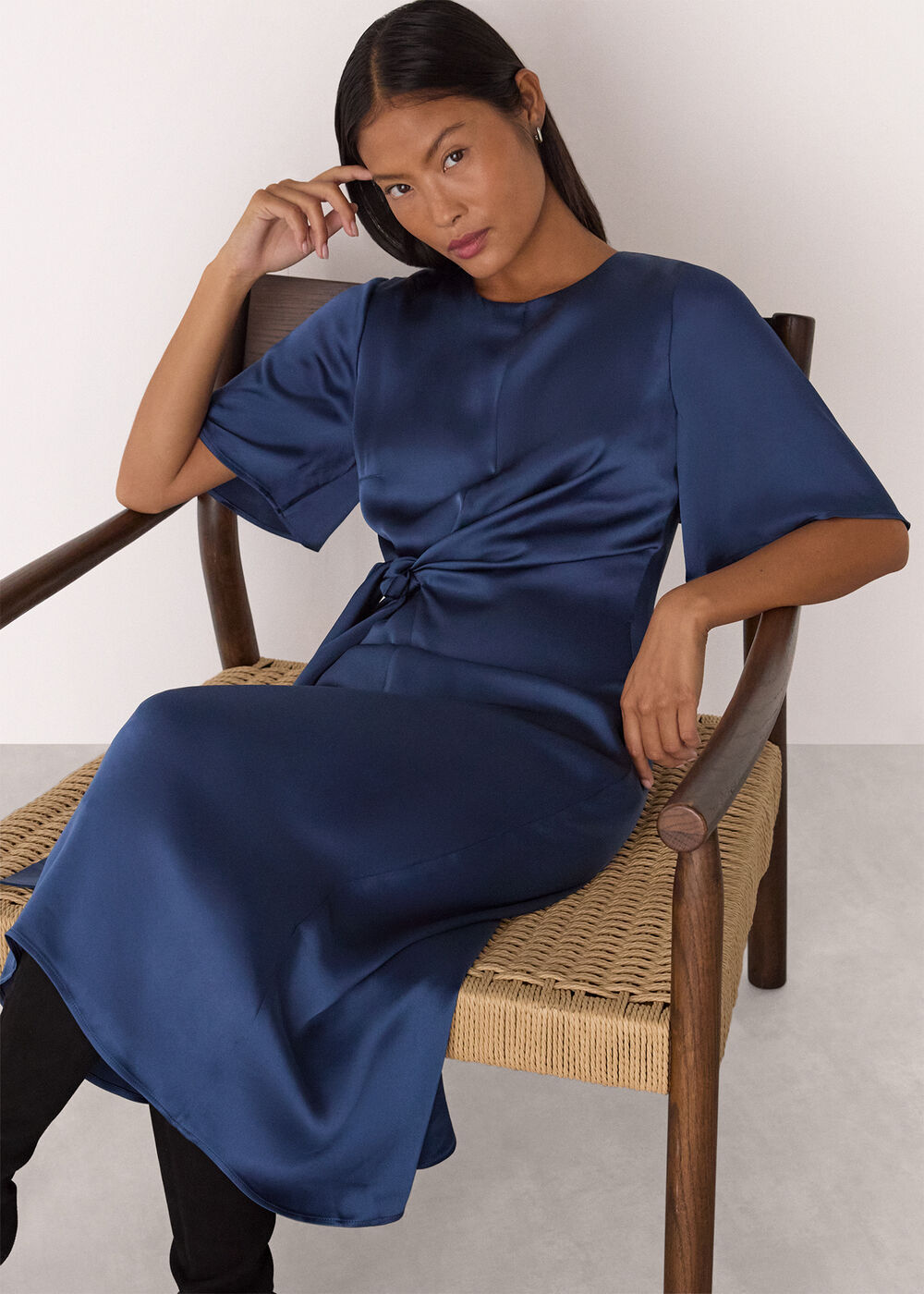 Petite Satin Twist Waist Midi Dress