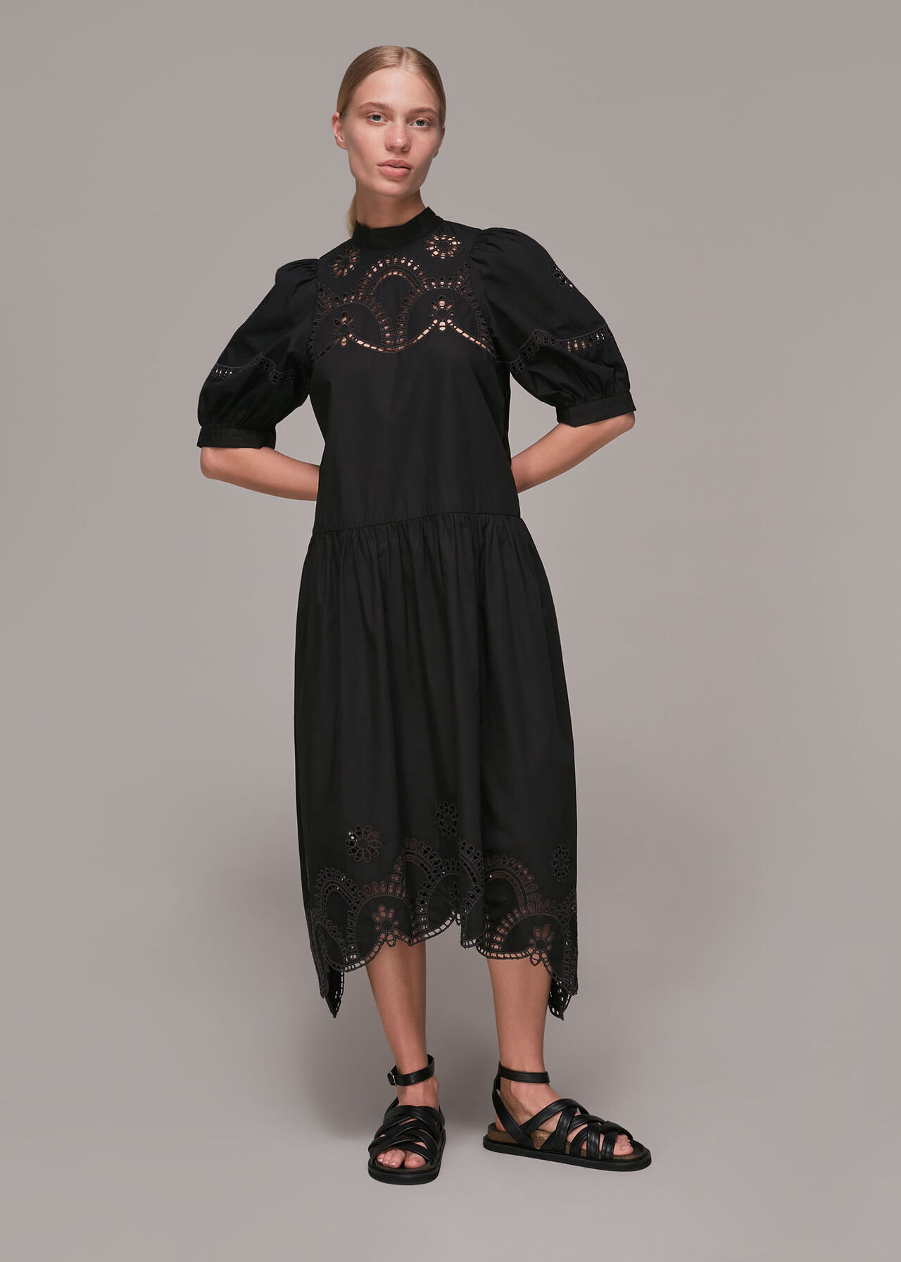 Black Broderie Cutwork Poplin Dress | WHISTLES