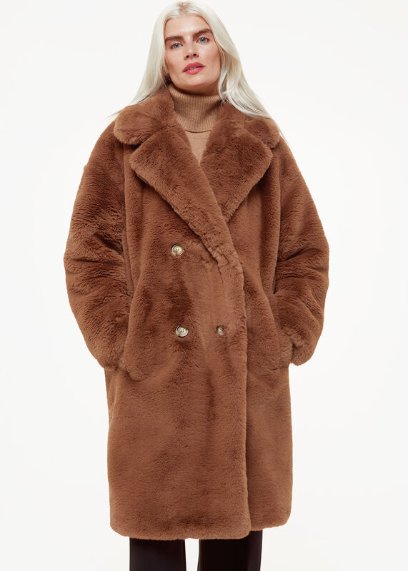 Brown Petite Teddy Faux Fur Coat