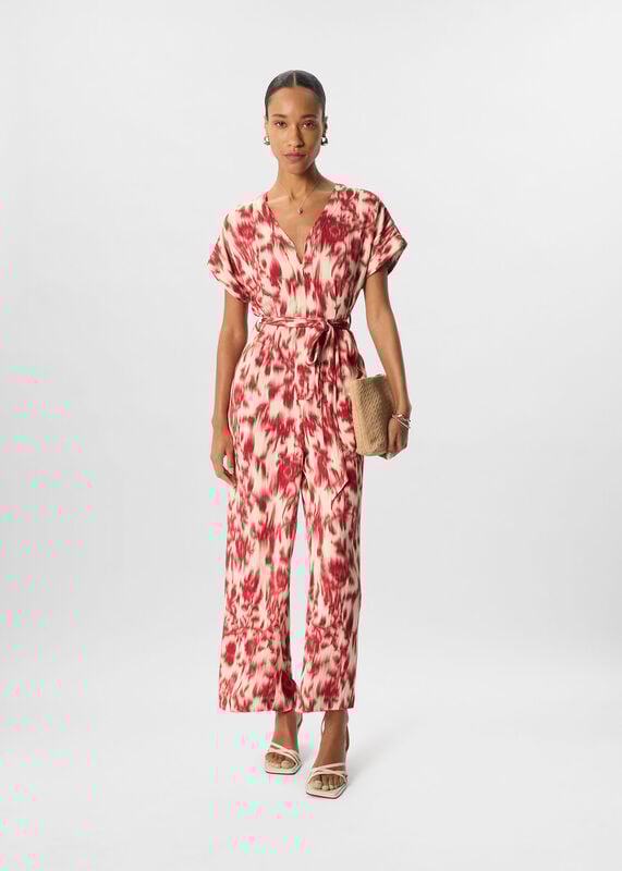 Red Petite Blurred Floral Tie Jumpsuit