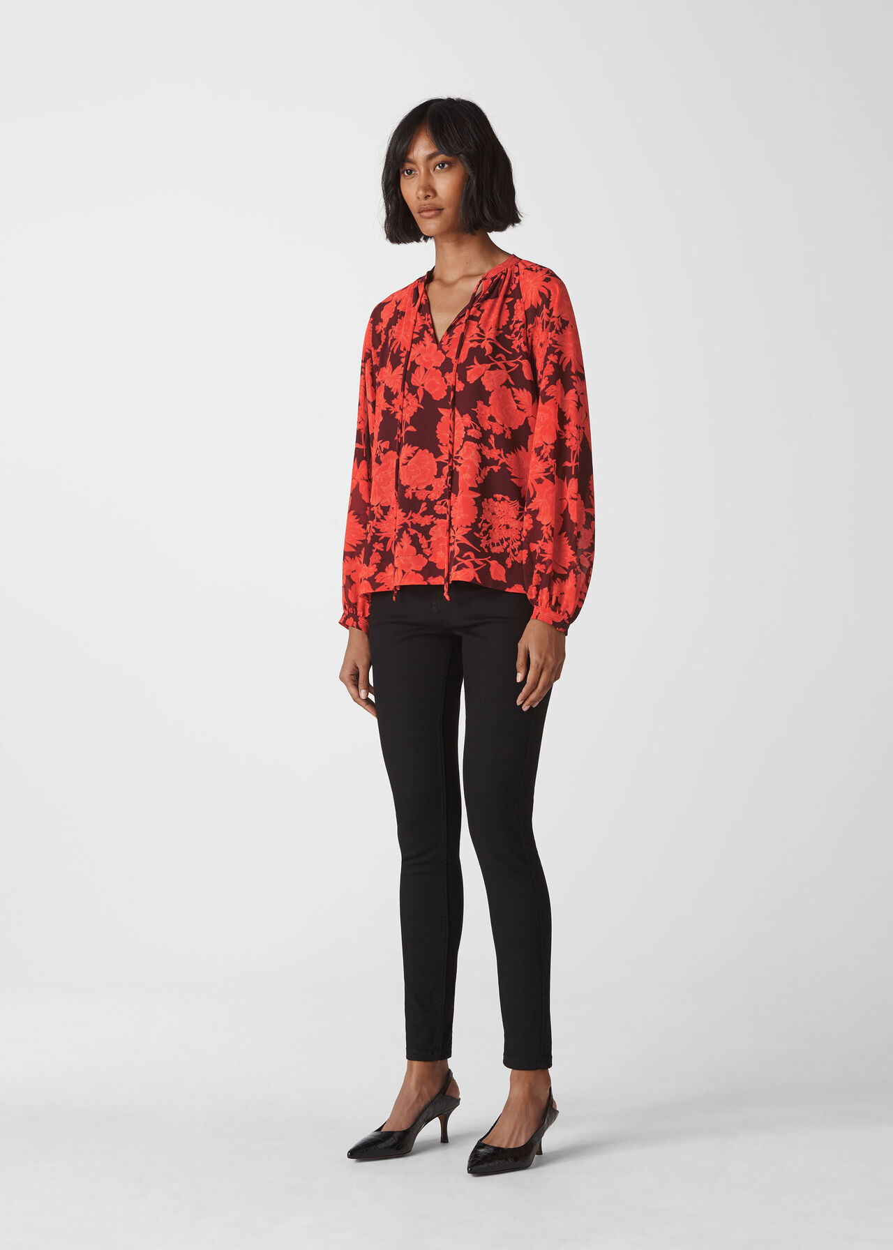 Tie Neck Print Blouse Red/Multi