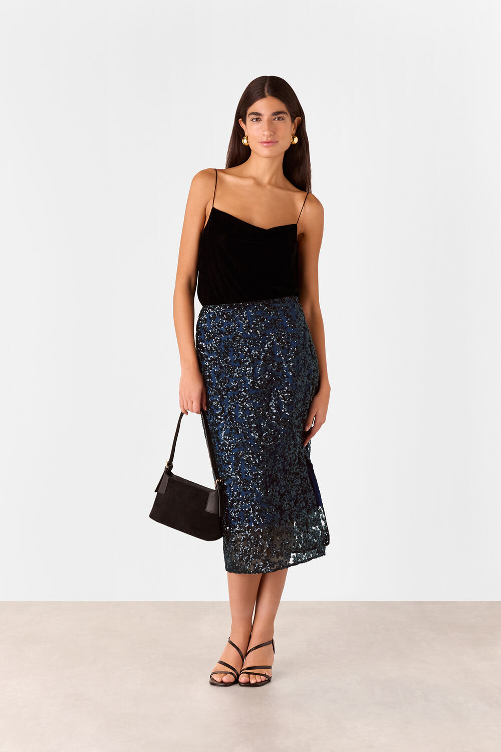 Black Floral Sequin Midi Skirt