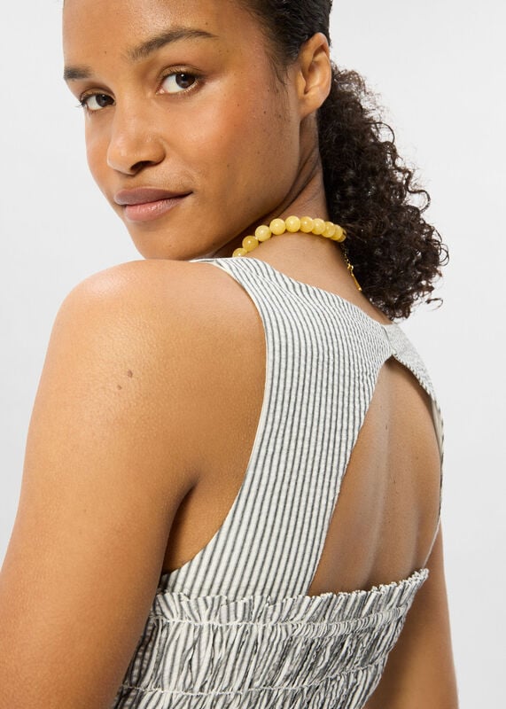 White Seersucker Ruched Bodice Dress
