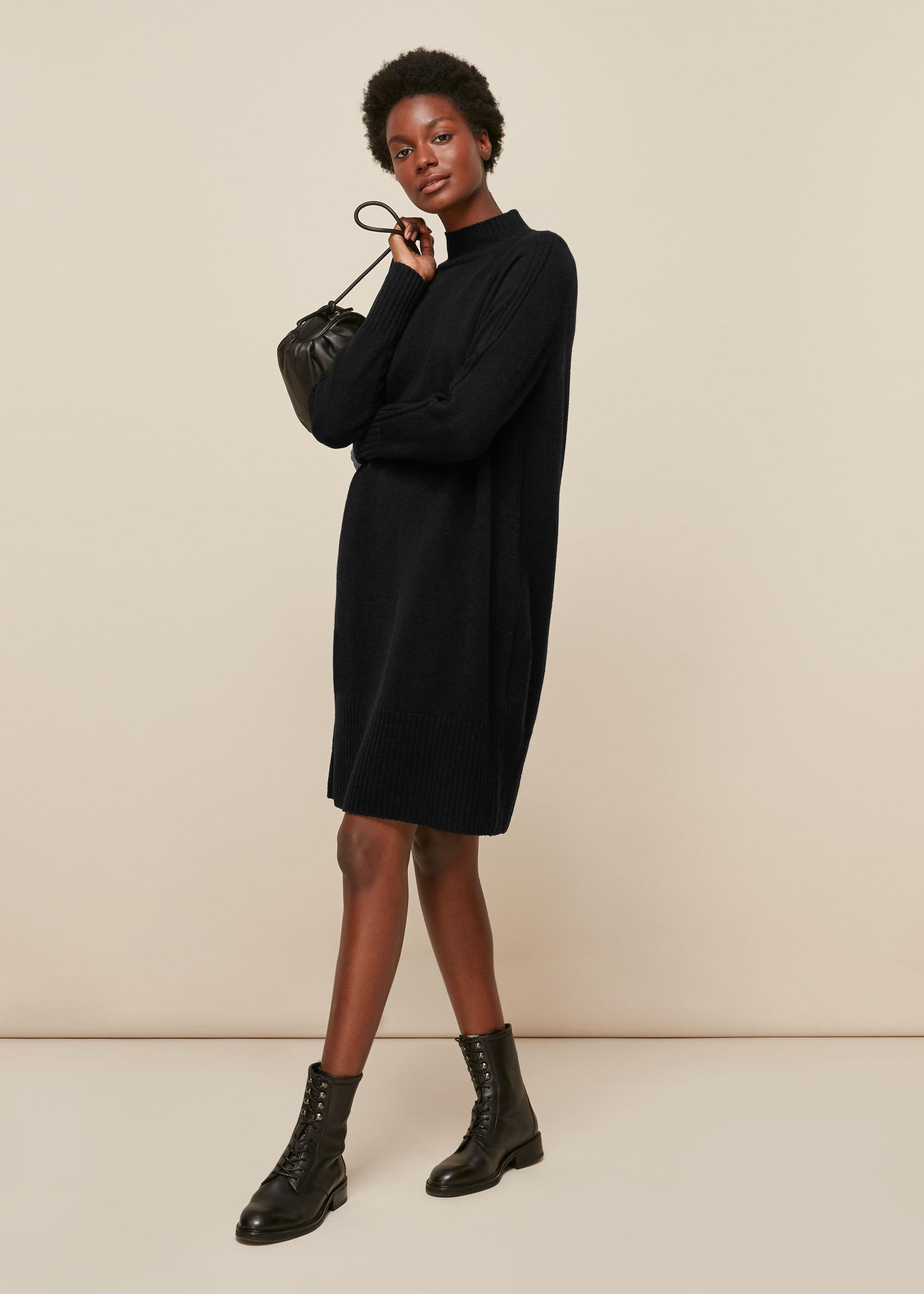Black funnel deals neck dress
