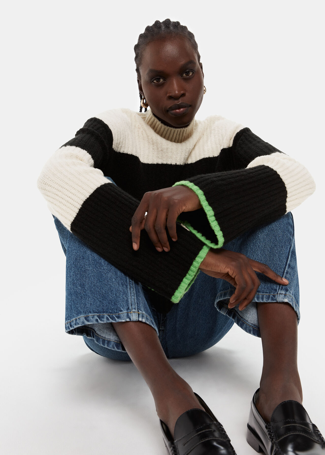 Block Stripe Rib Funnel Neck