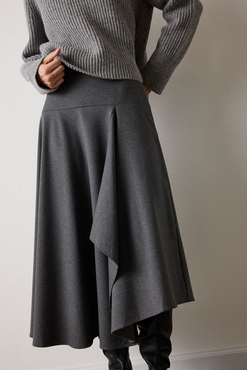 Grey Petite Draped Asymmetric Midi Skirt