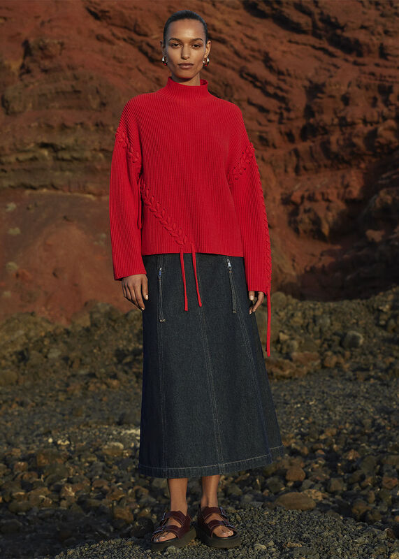 Red Lacing Detail Rib Sweater