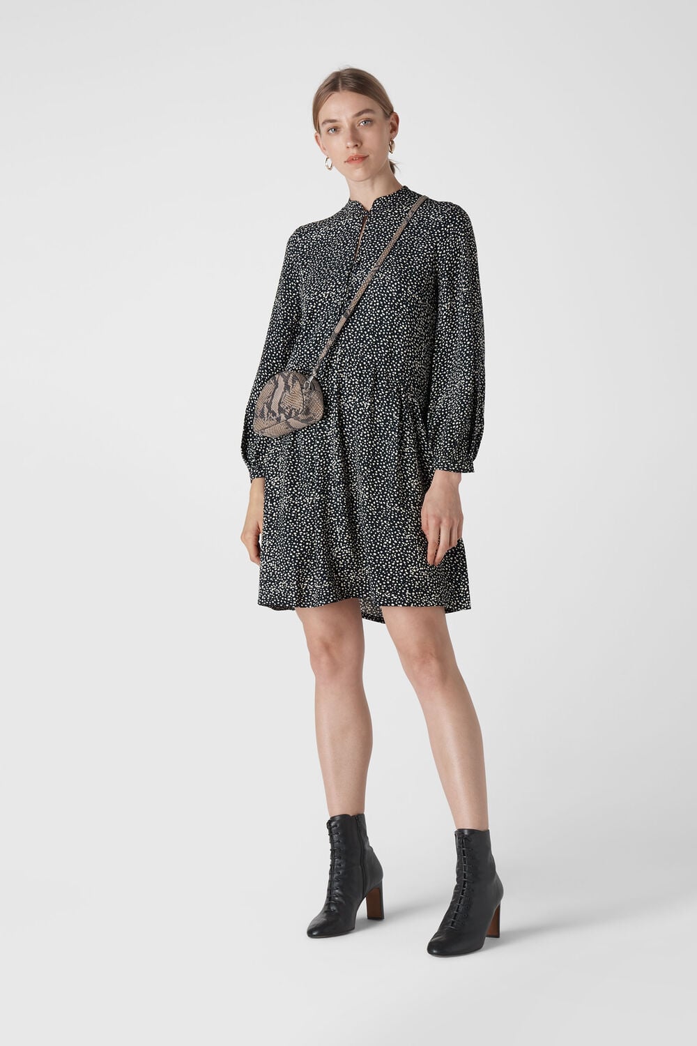 Mottled Spot Smock Dress Black