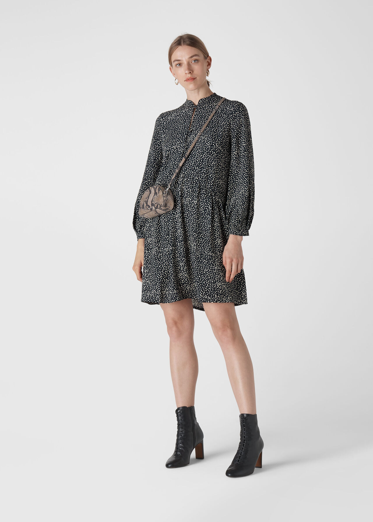 Mottled Spot Smock Dress Black