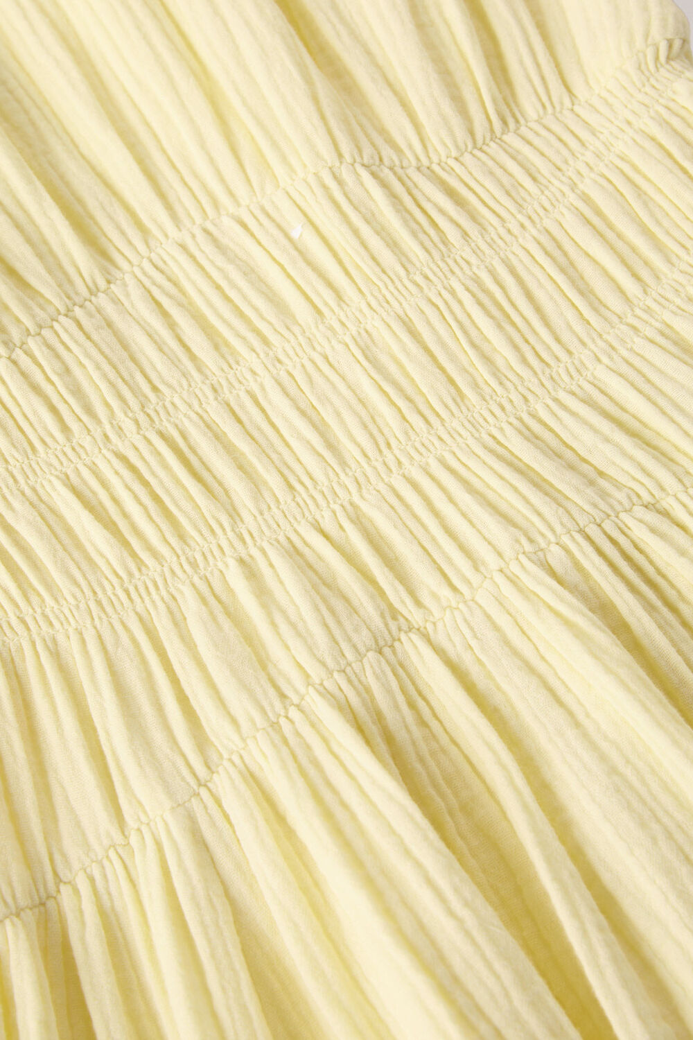 Yellow Shirred Cheesecloth Midi Dress