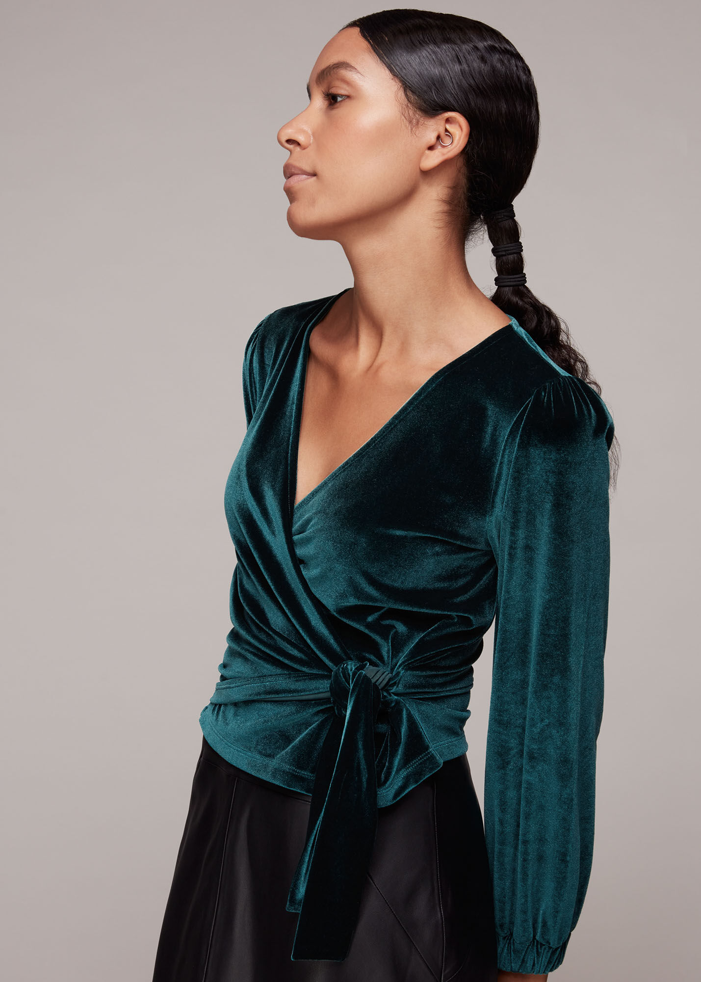 Green Velvet V Neck Wrap Top | WHISTLES 