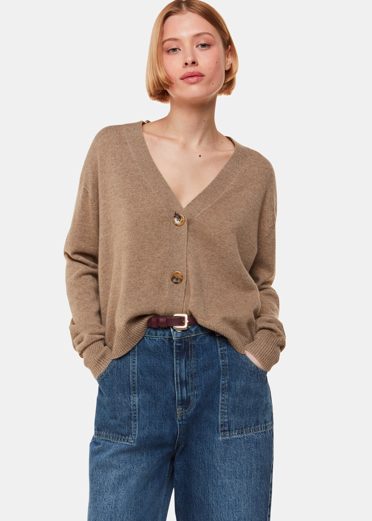 Luxe Cashmere Armstripe Cardigan in Oatmeal