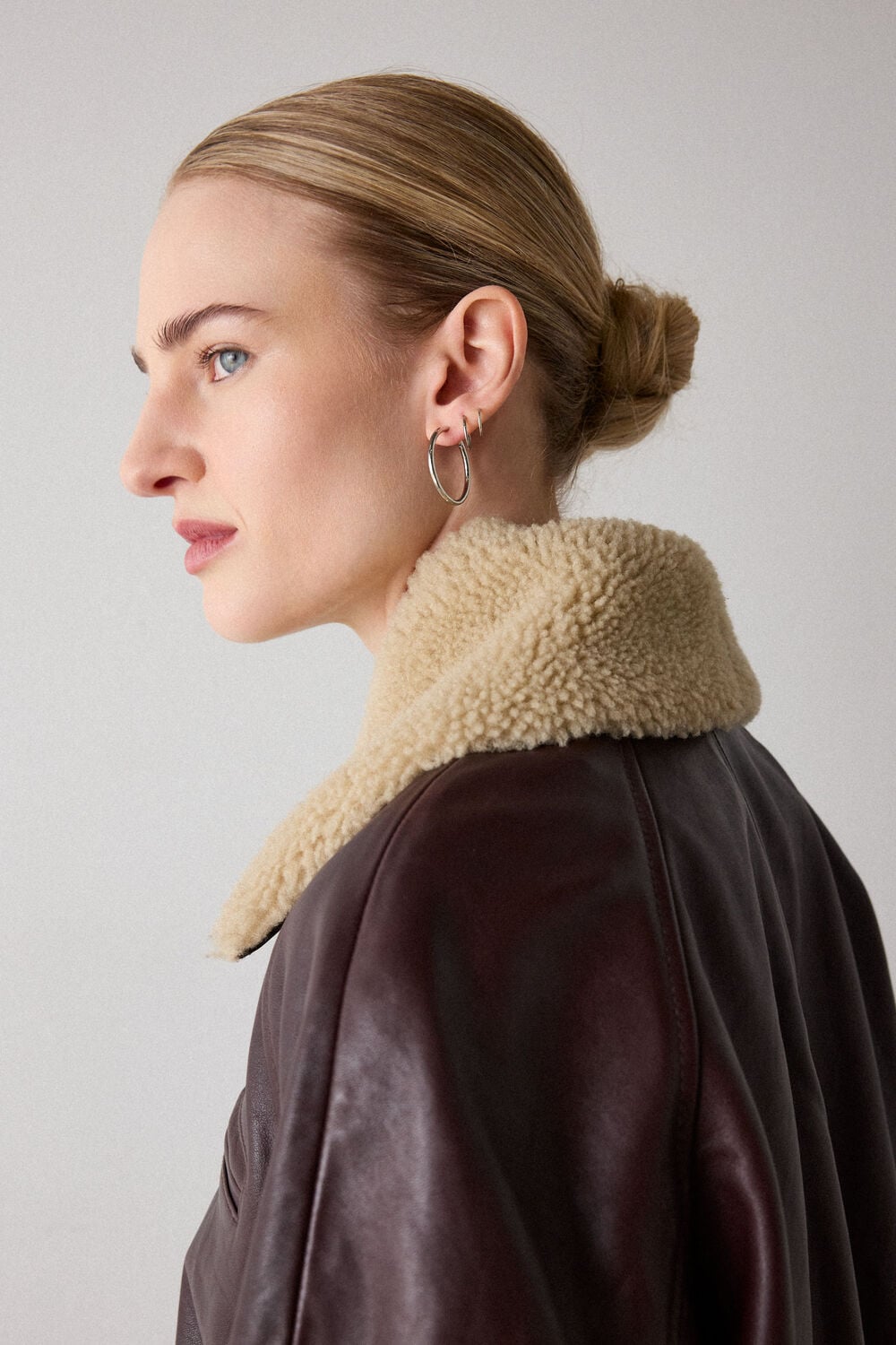 Burgundy Shearling Trim Leather Bomber
