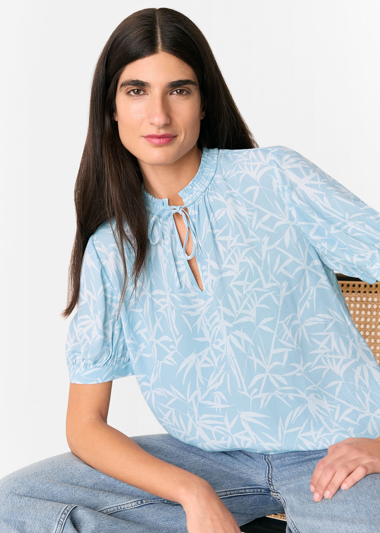 Whistles bamboo Leaves Tie Neck Blouse