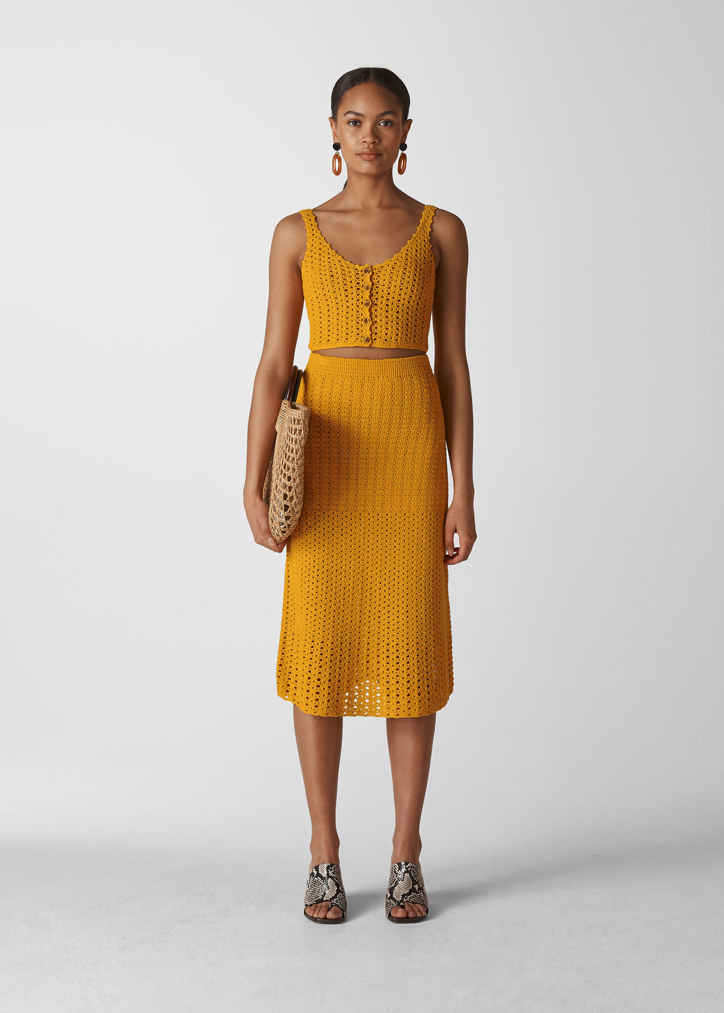 Yellow Crochet Button Front Skirt | WHISTLES