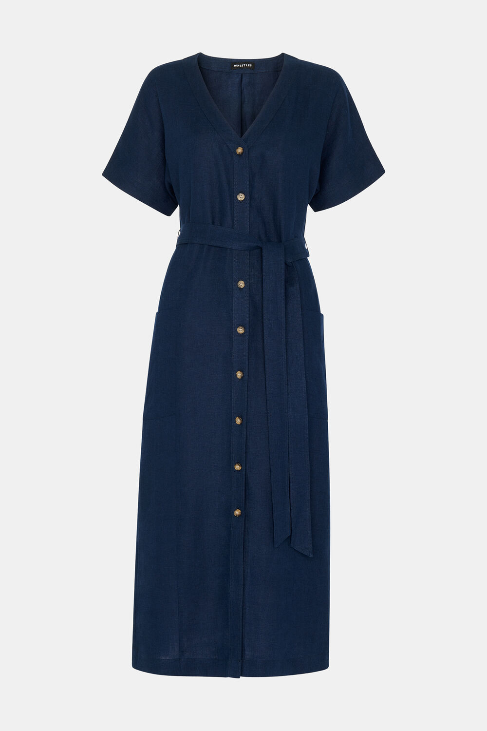 Navy Linen Belted Midi Dress