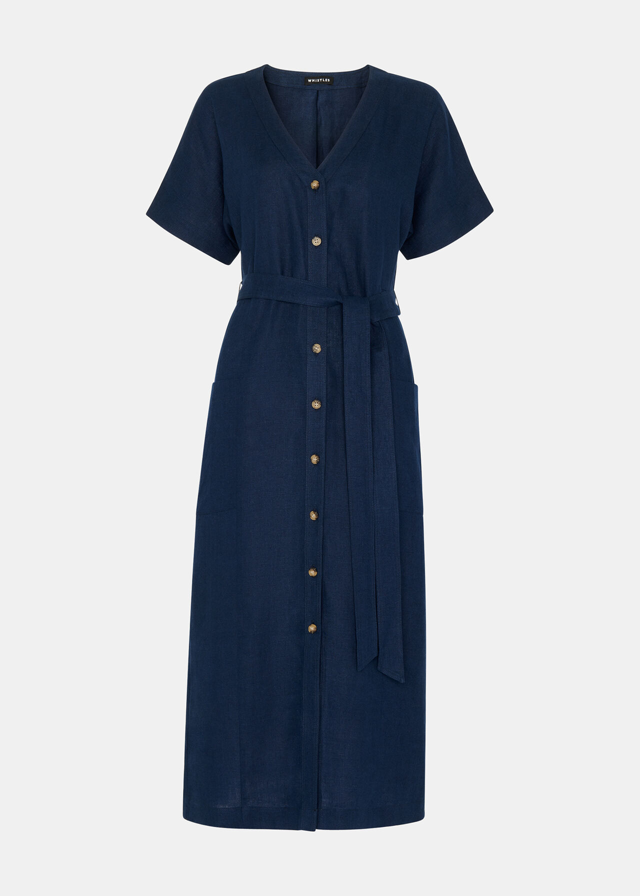 Navy Linen Belted Midi Dress | WHISTLES