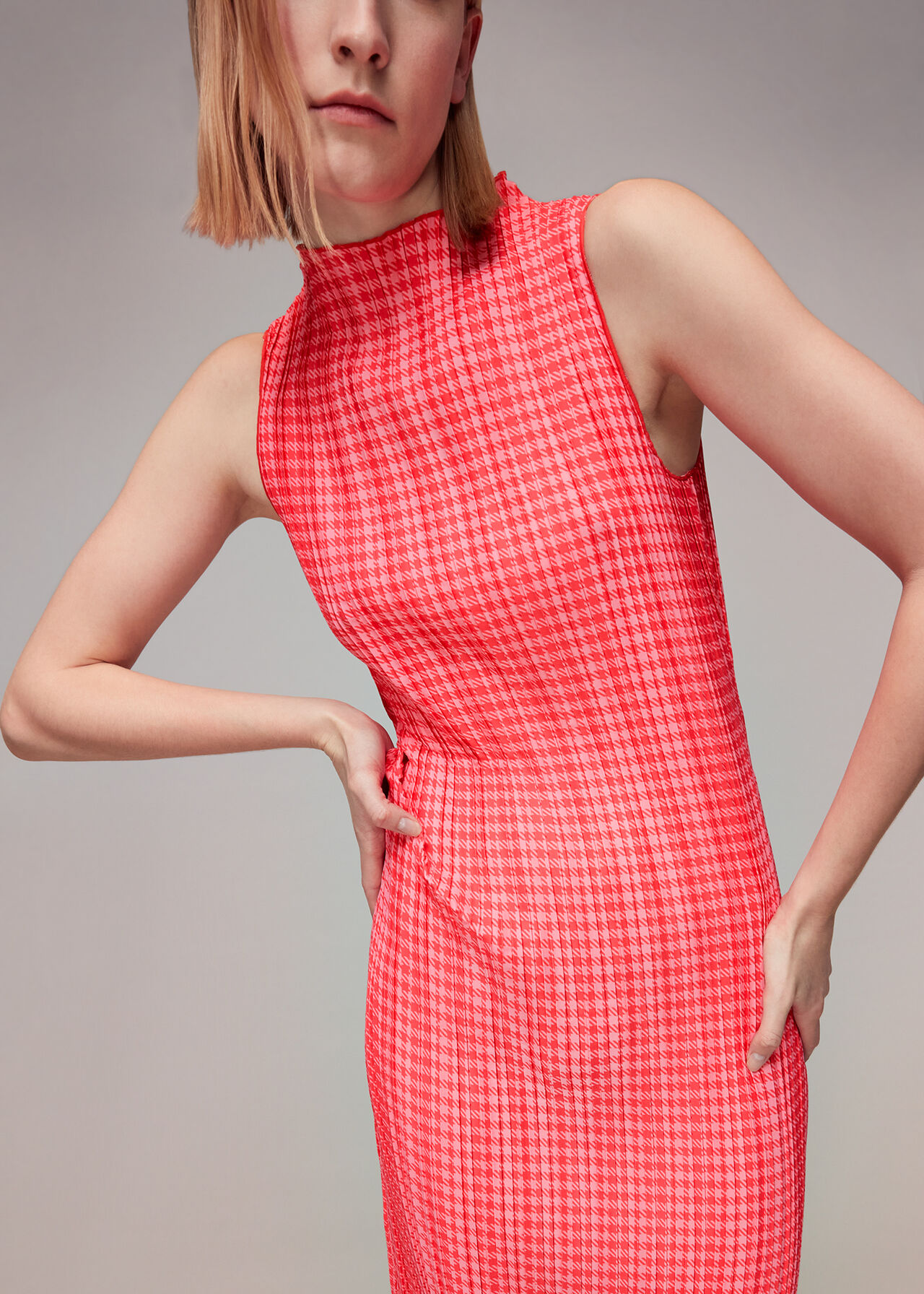 Houndstooth Plisse Midi Dress