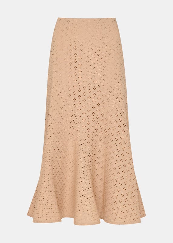 Camel Cotton Broderie Midi Skirt