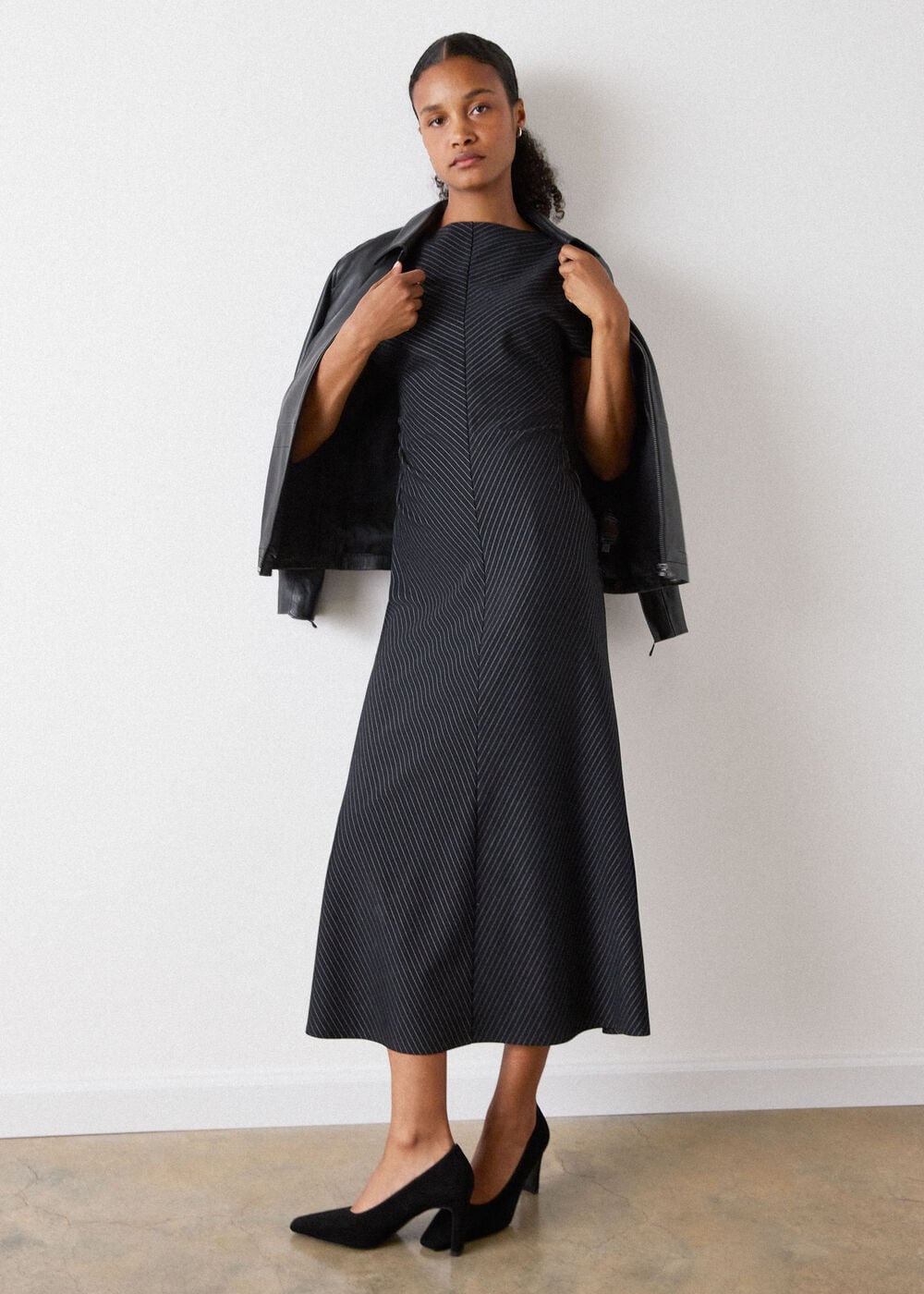 Black Pinstripe Jersey Midi Dress