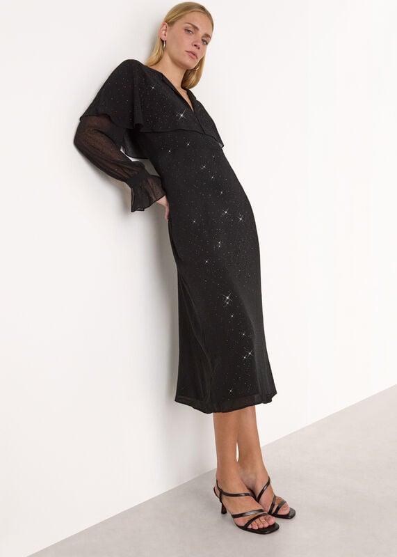 Black Hot Fix Cape Midi Dress