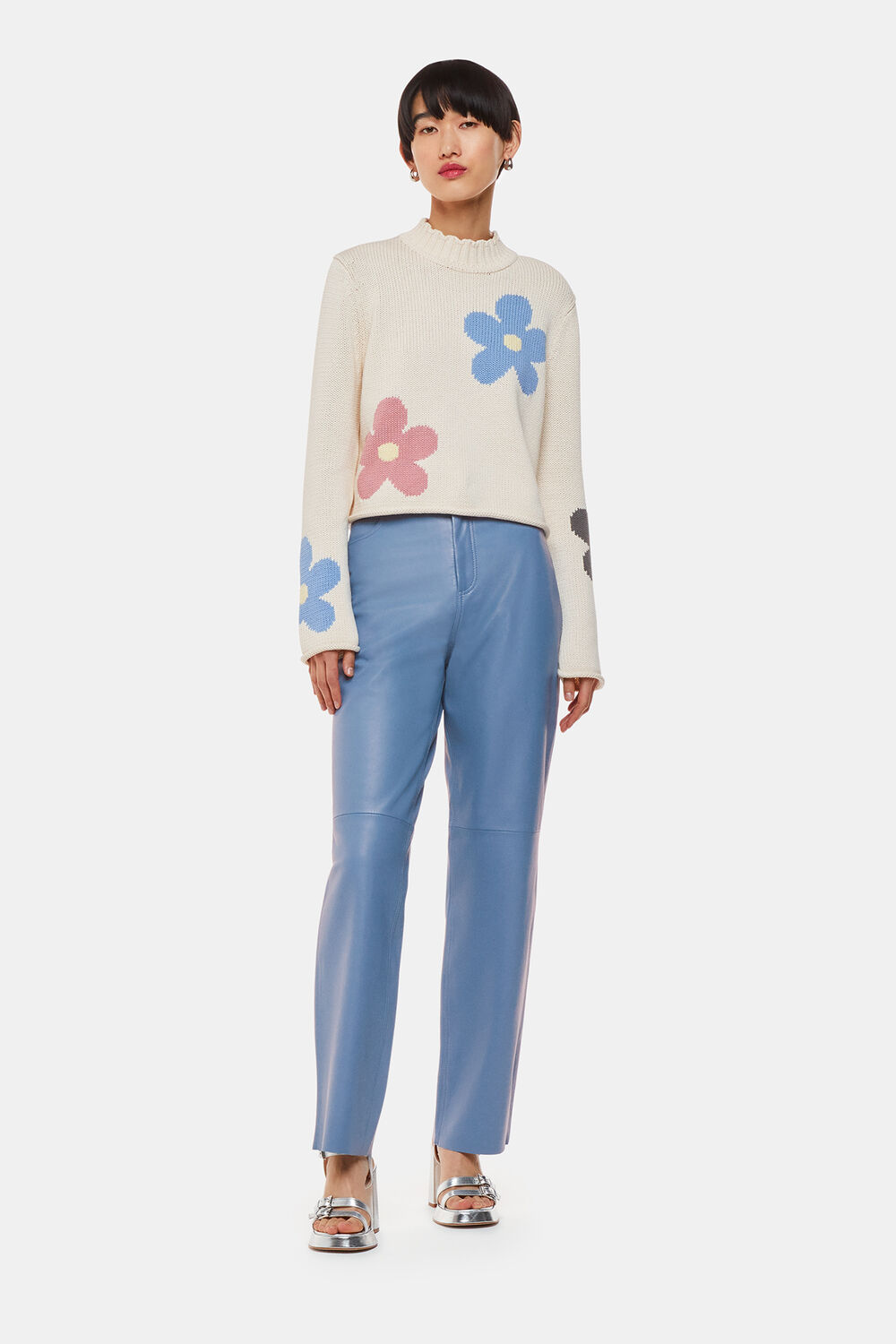Blue Straight Leg Leather Trouser