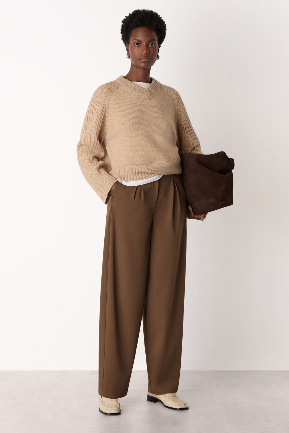 Brown Wool Blend Barrel Trouser