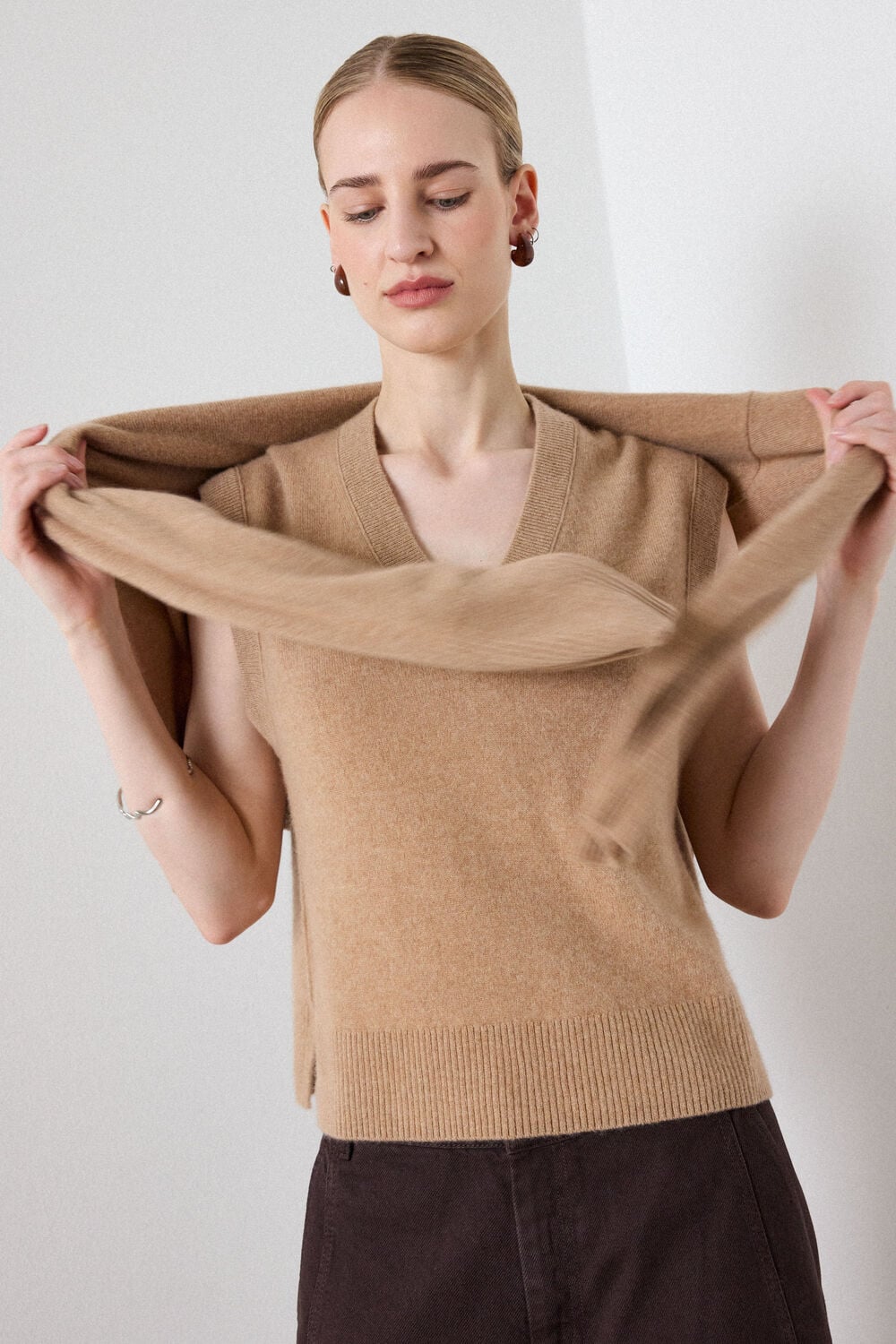 Camel Cashmere V Neck Tank