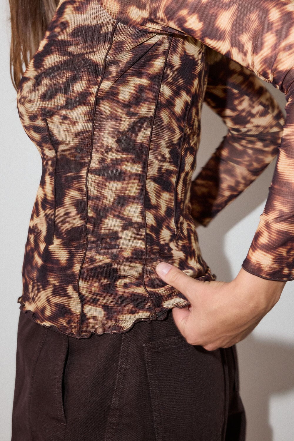 Brown Abstract Animal Mesh Top