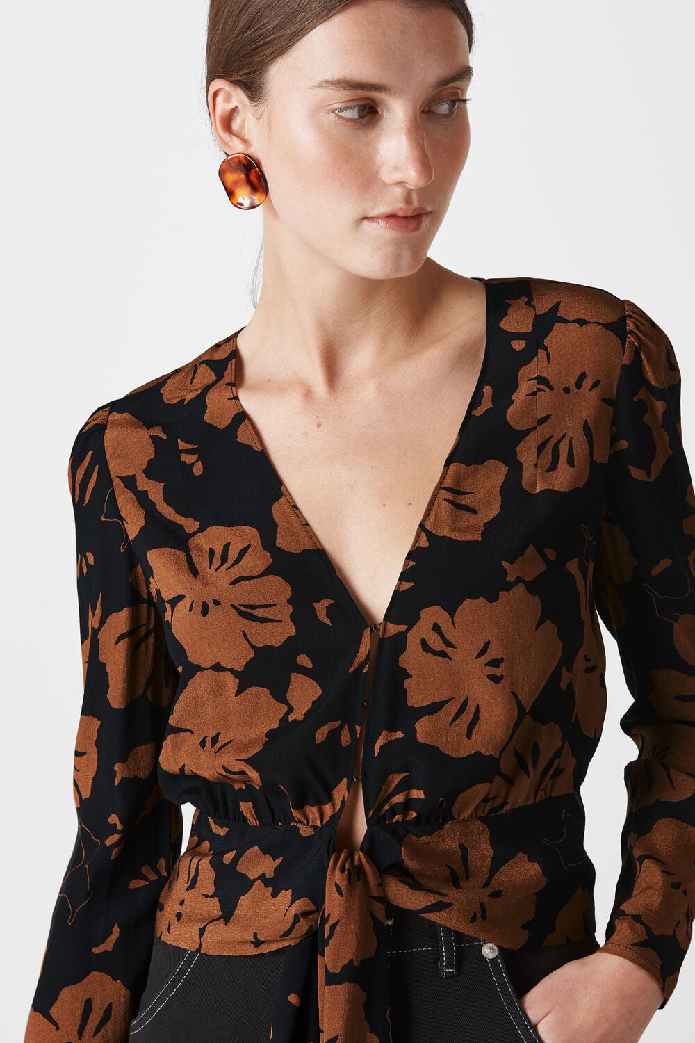 Ari Hibiscus Tie Front Top Brown/Multi