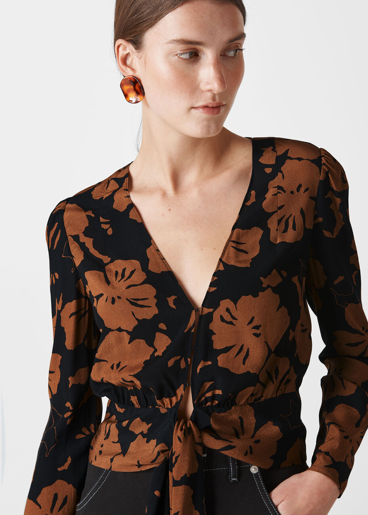 Ari Hibiscus Tie Front Top Brown/Multi