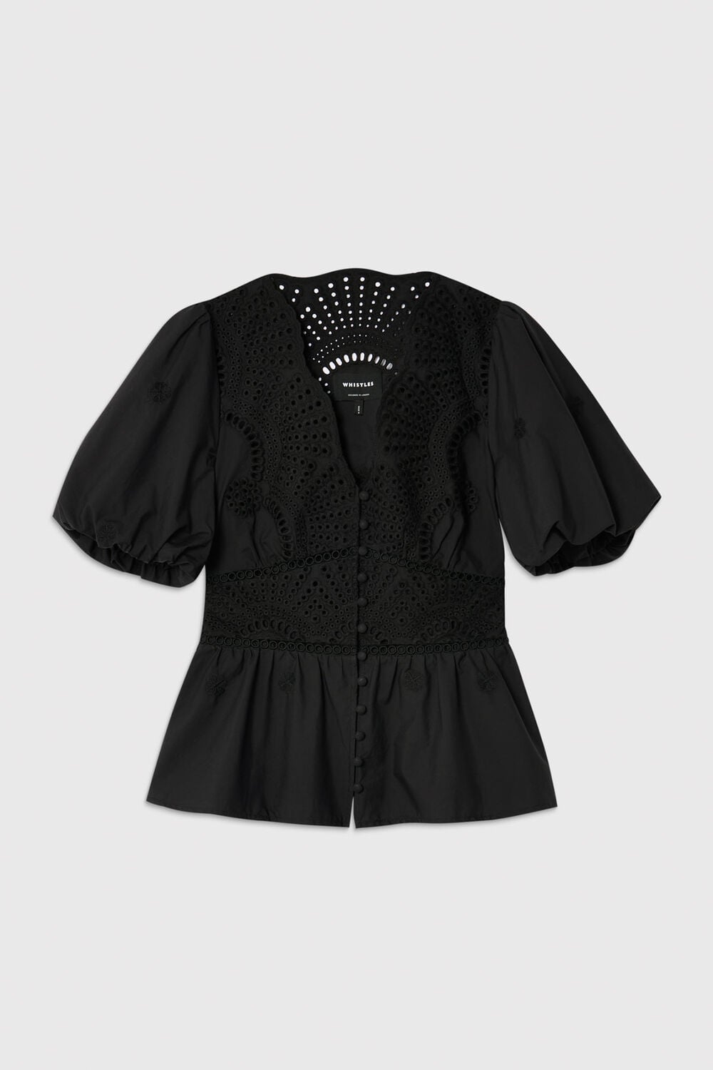 Black Cotton Broderie V Neck Blouse