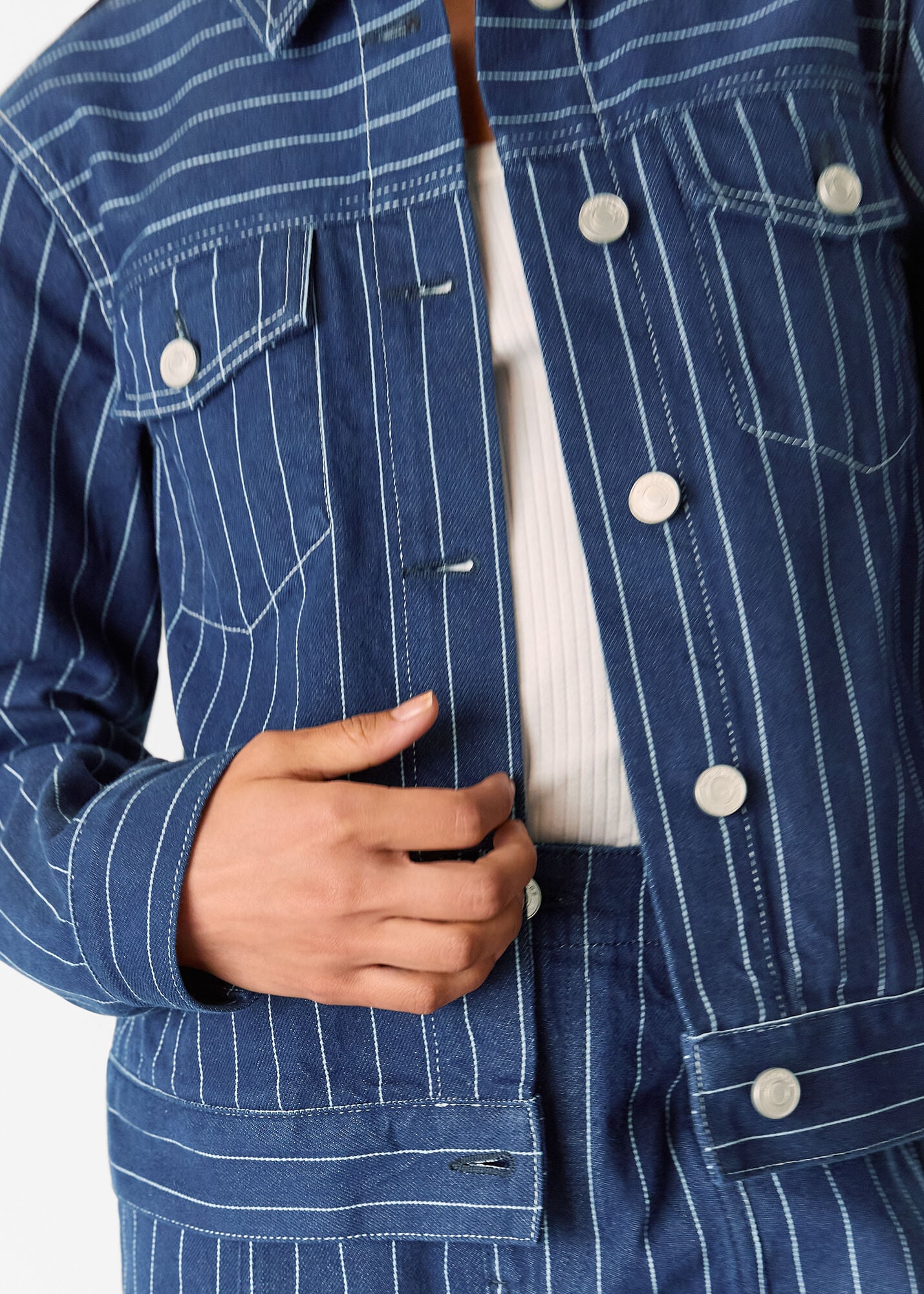 Navy/Multi Pinstripe Denim Jacket | WHISTLES | Whistles US |