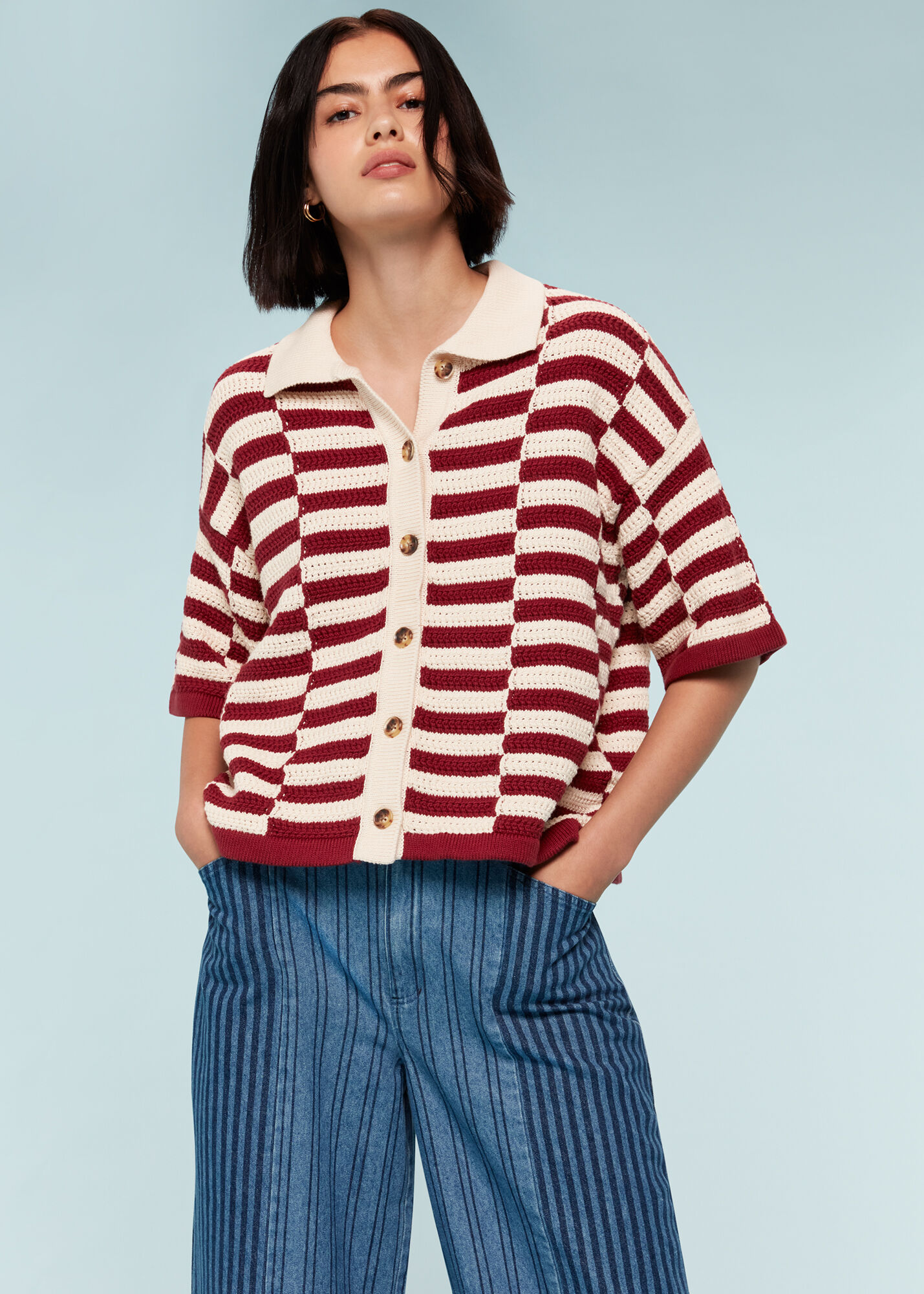 Men Mustard & White Stripes Crochet Shirt