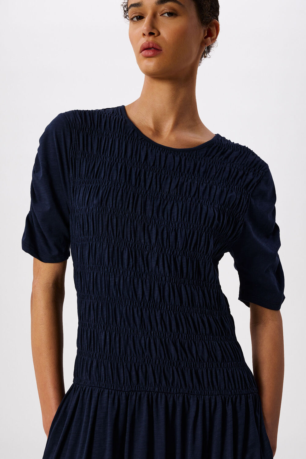 Navy Jersey Shirred Midi Dress