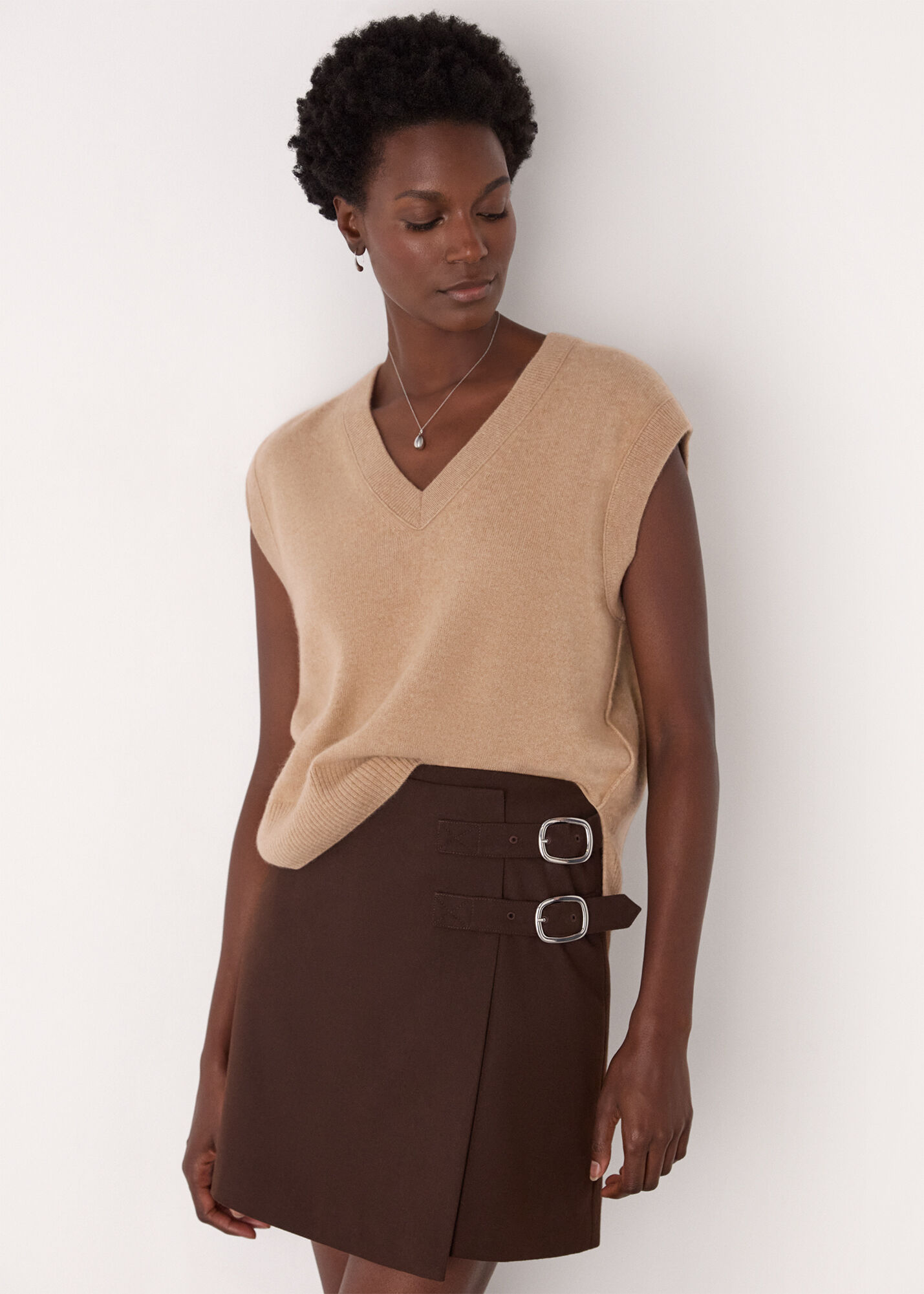 Camel Cashmere V Neck Tank | WHISTLES | Whistles US |