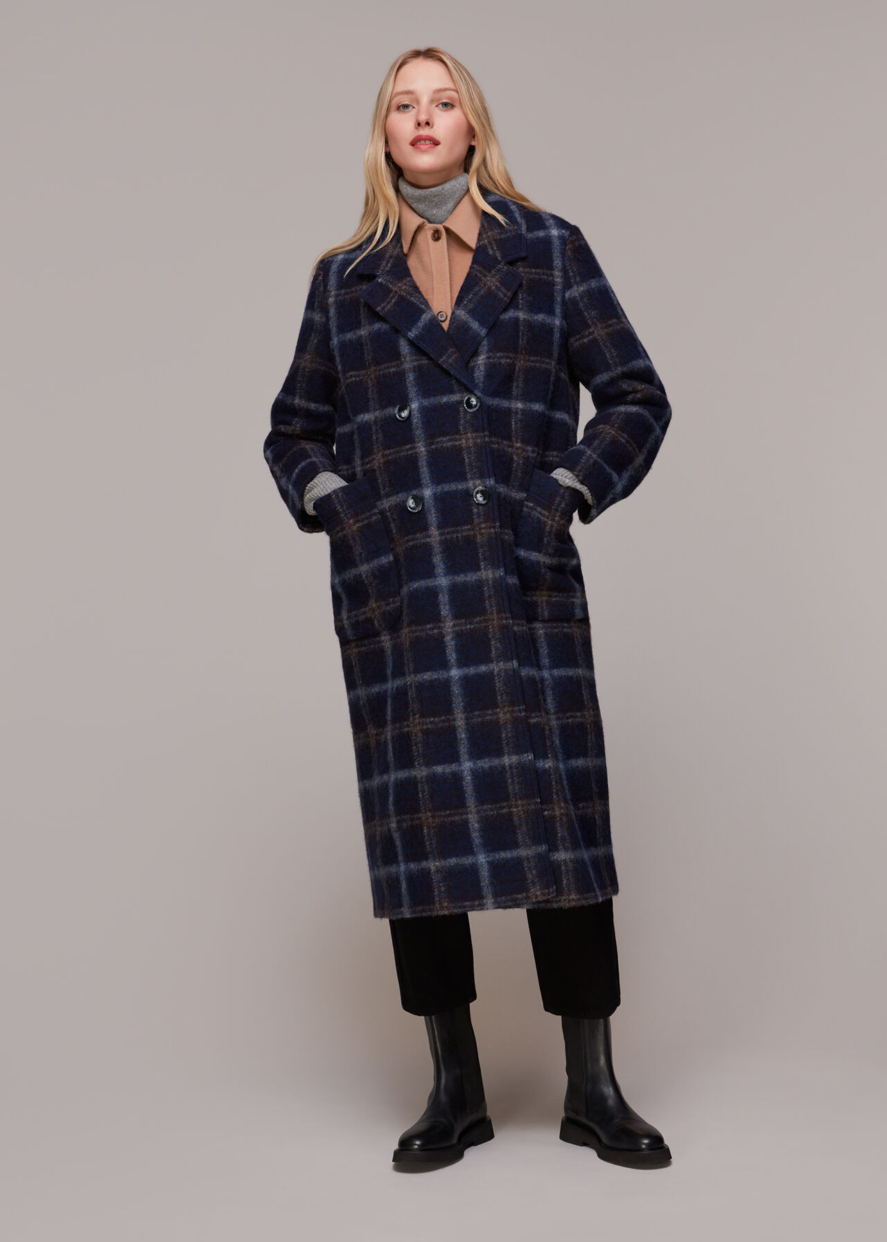 Wool Double Breast Check Coat