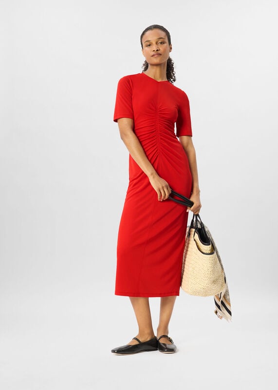 Red Gathered Jersey Midi Dress