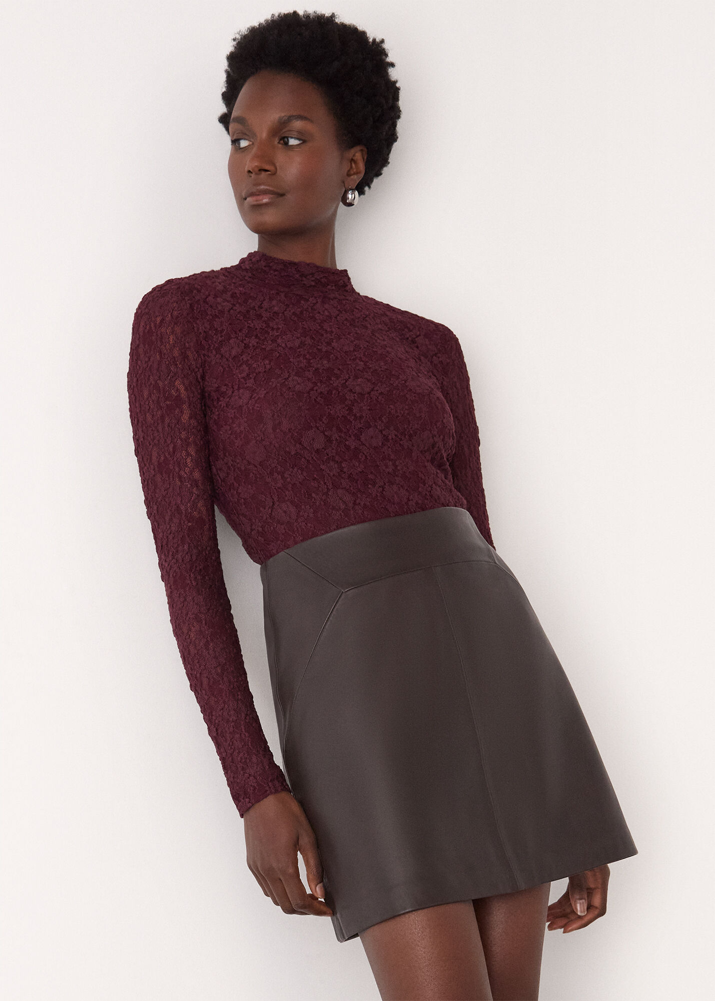 Burgundy Lace Detail High Neck Top | WHISTLES | Whistles US |