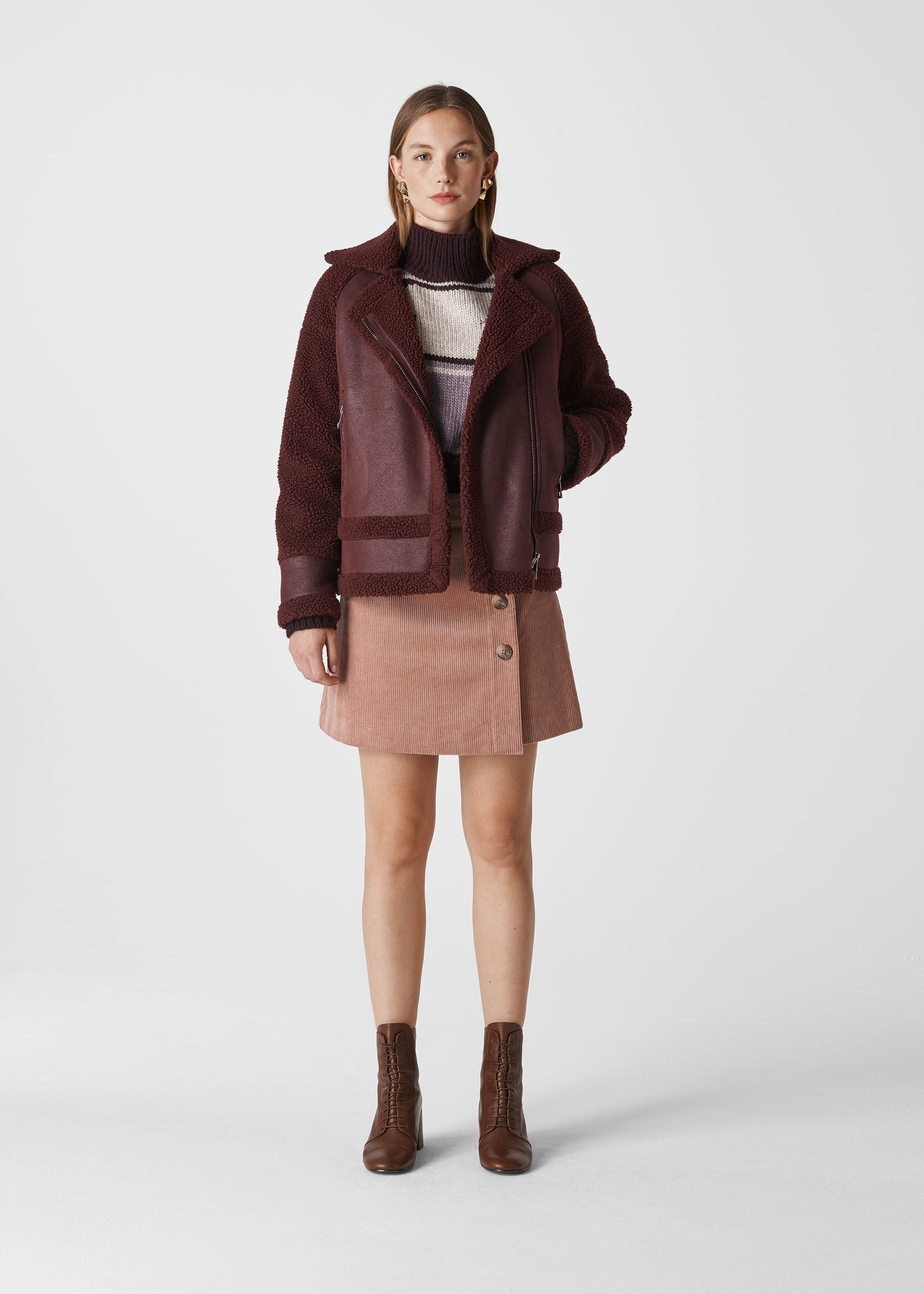 Whistles faux fur clearance biker jacket burgundy