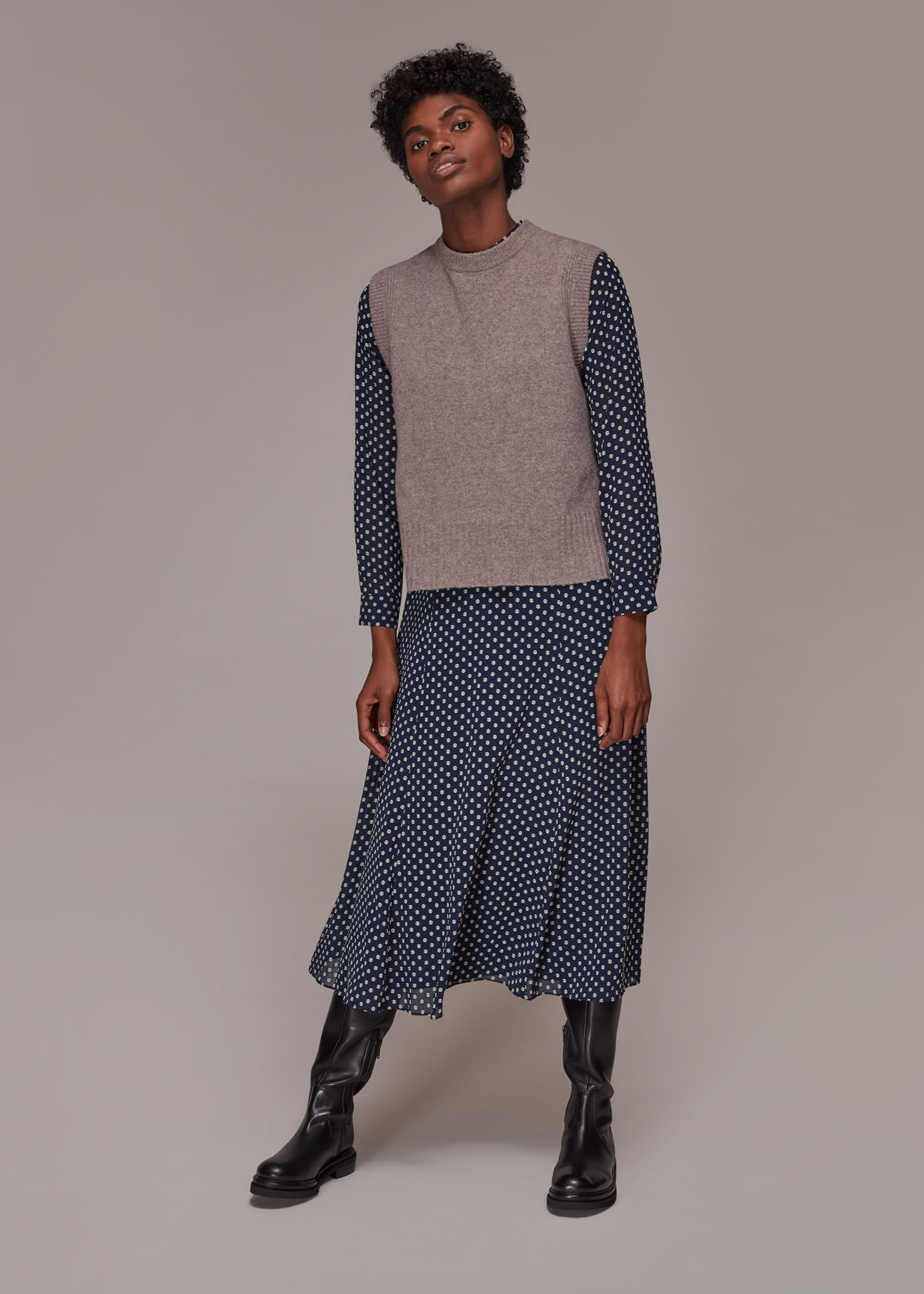 Navy/Multi Dobby High Neck Dress | WHISTLES | Whistles US |