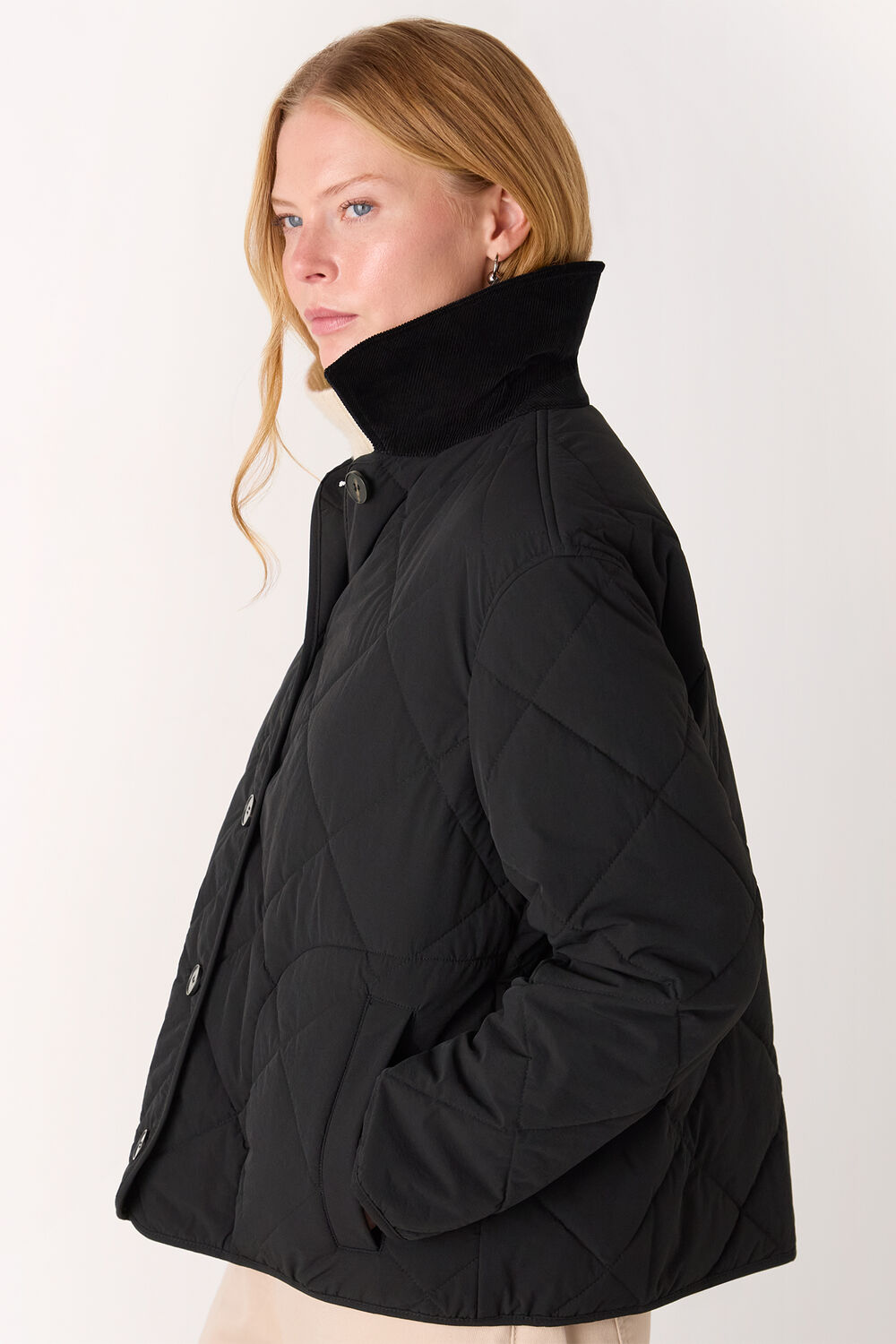 Black Short Quilted Cord Collar Coat
