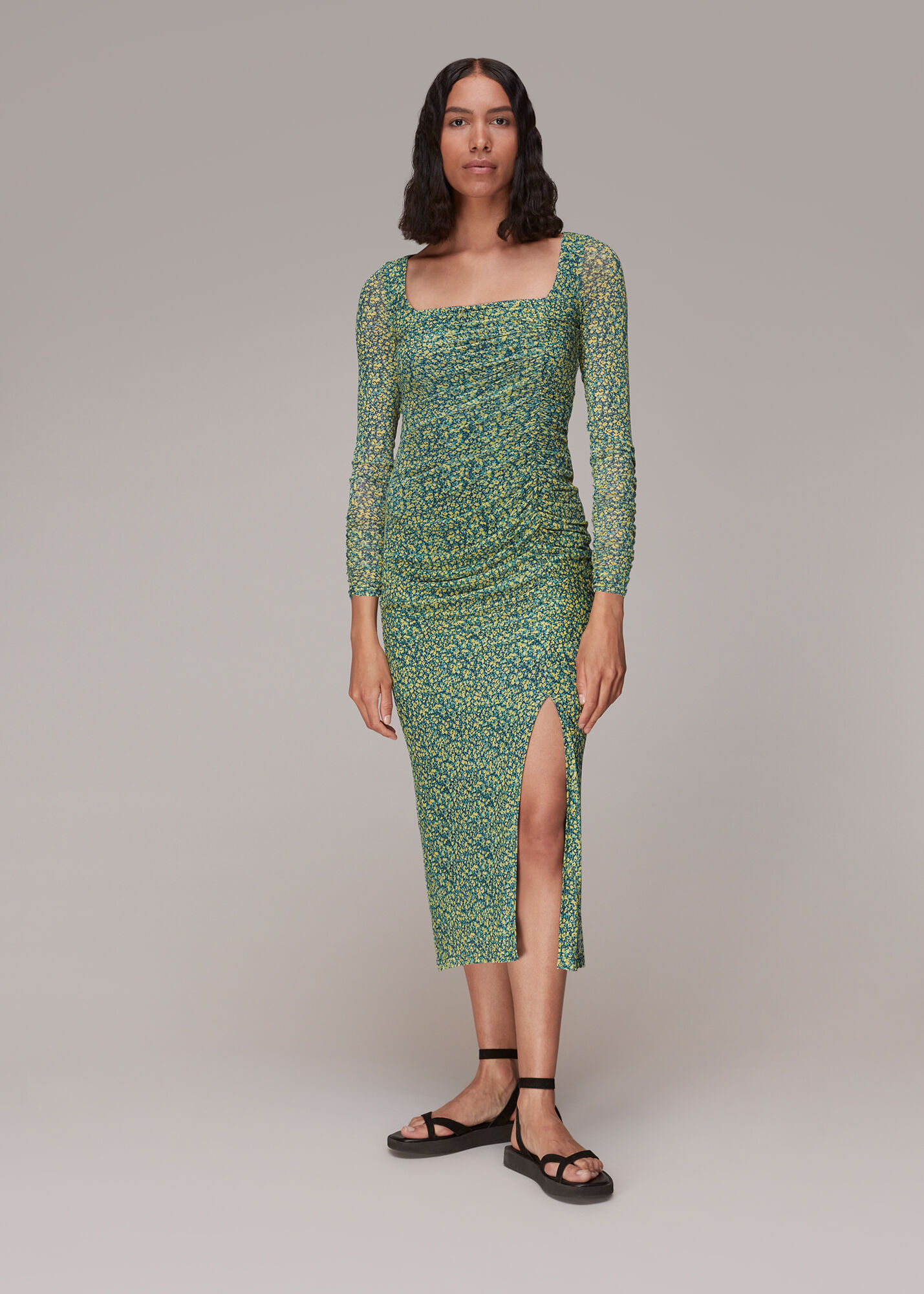 Green/Multi Ditsy Sunflower Mesh Dress WHISTLES